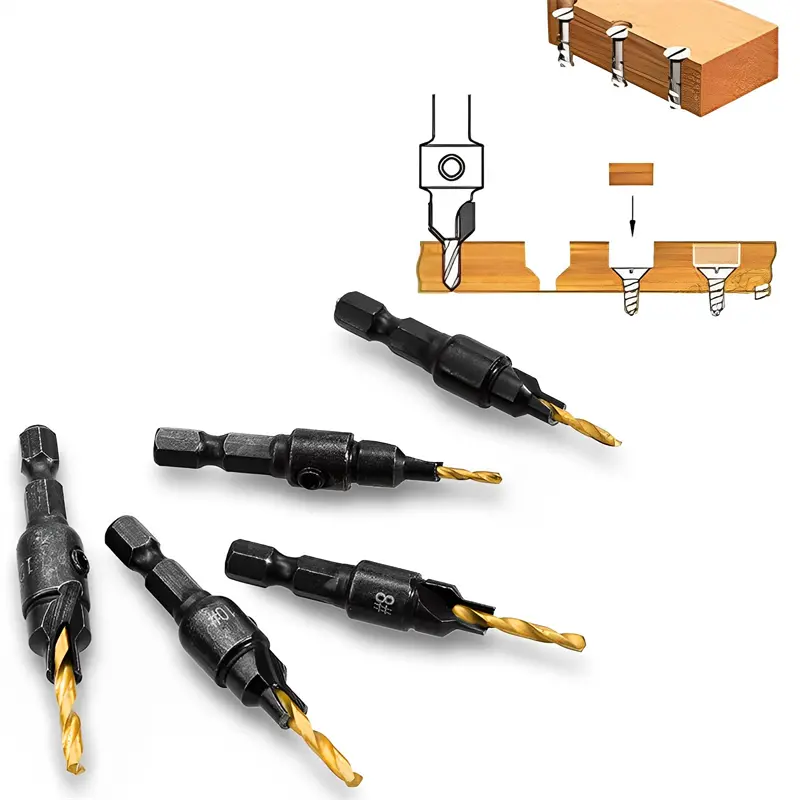 5PCS Woodworking Countersunk Head Drill Bit Set HSS Chamfering Reaming Tools Hexagonal Handle Detachable Countersunk Drill Bits