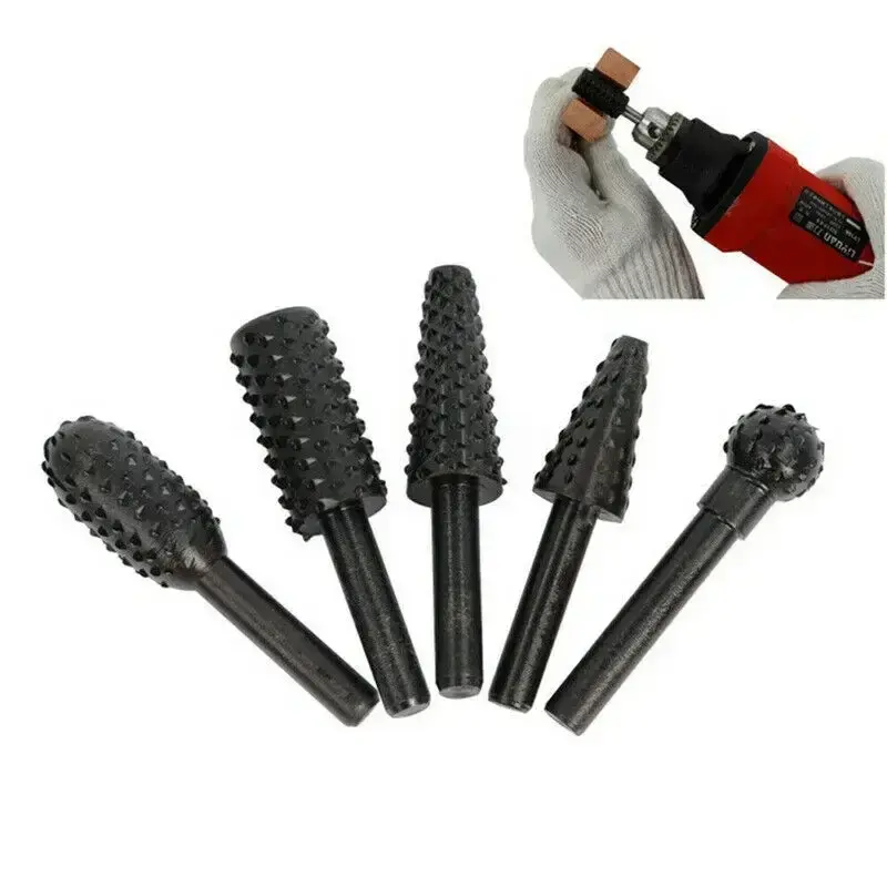 5pcs Rasp File Drill Bits Rasp Set Drill Grinder Drill Rasp For Woodworking Carving Tool 1/4" Round Shank Rotary Burr Set