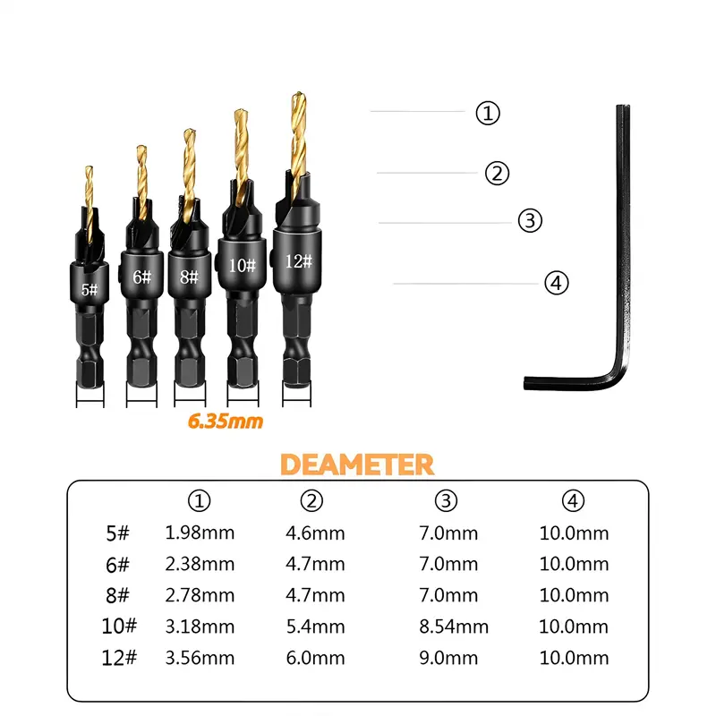 5PCS Woodworking Countersunk Head Drill Bit Set HSS Chamfering Reaming Tools Hexagonal Handle Detachable Countersunk Drill Bits