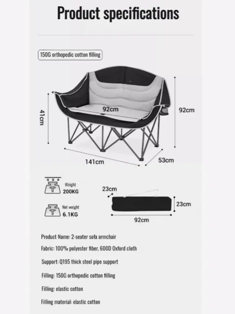 Outdoor Folding Chair Picnic with Armrests Double Chair Sitting and Reclining Outdoor Chair