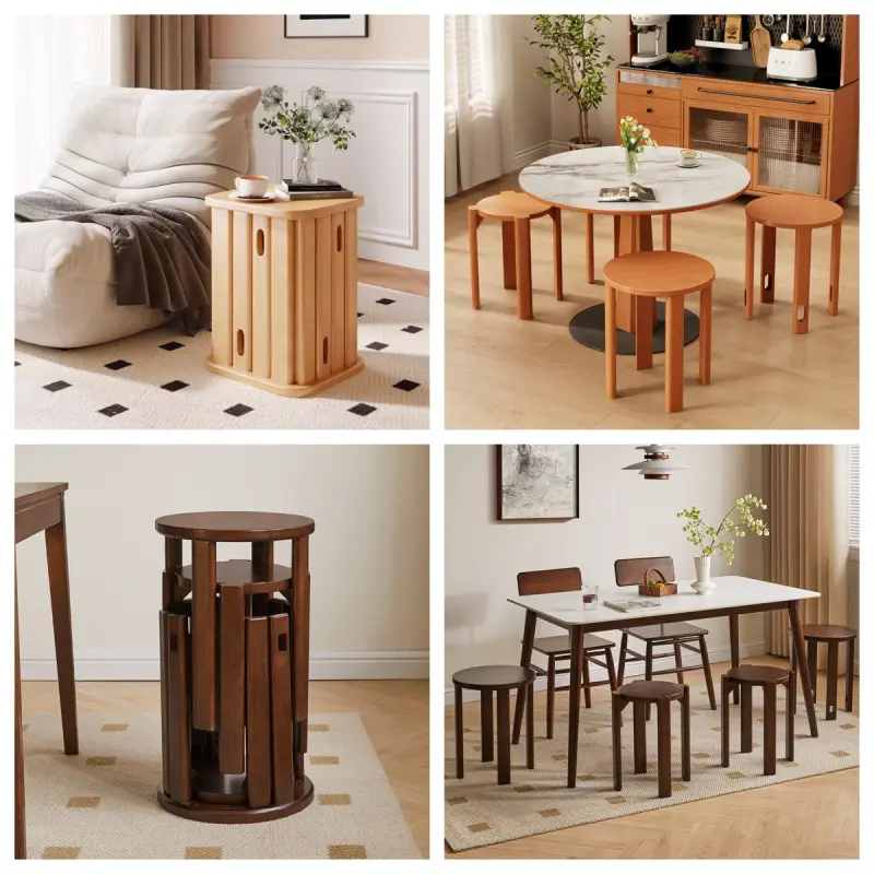 Household thickened wooden stools stackable round stools living room coffee table combination stools