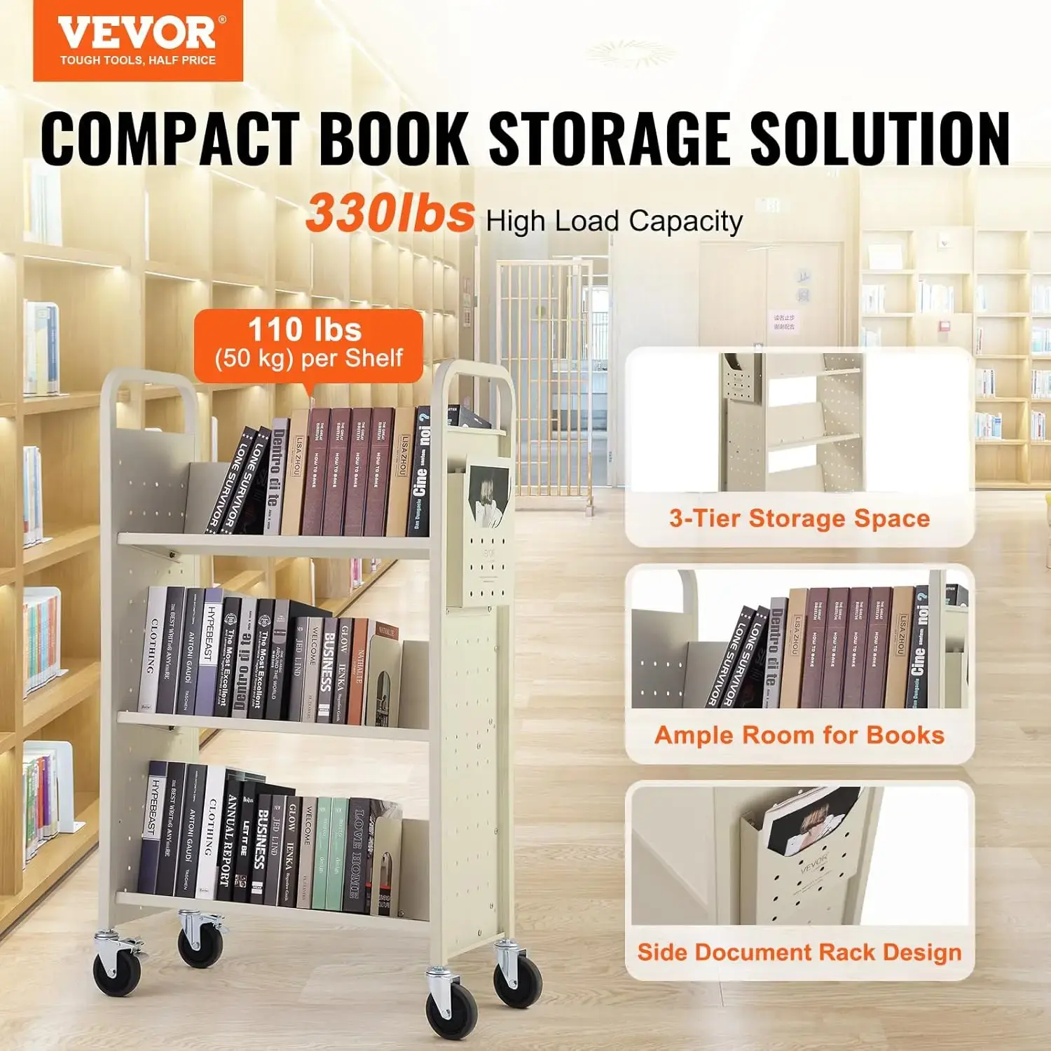 Book Cart, 330 lbs Library Cart, 31.1" x 15.2" x 49.2" Rolling Book Cart Single Sided V-Shaped Sloped Shelves