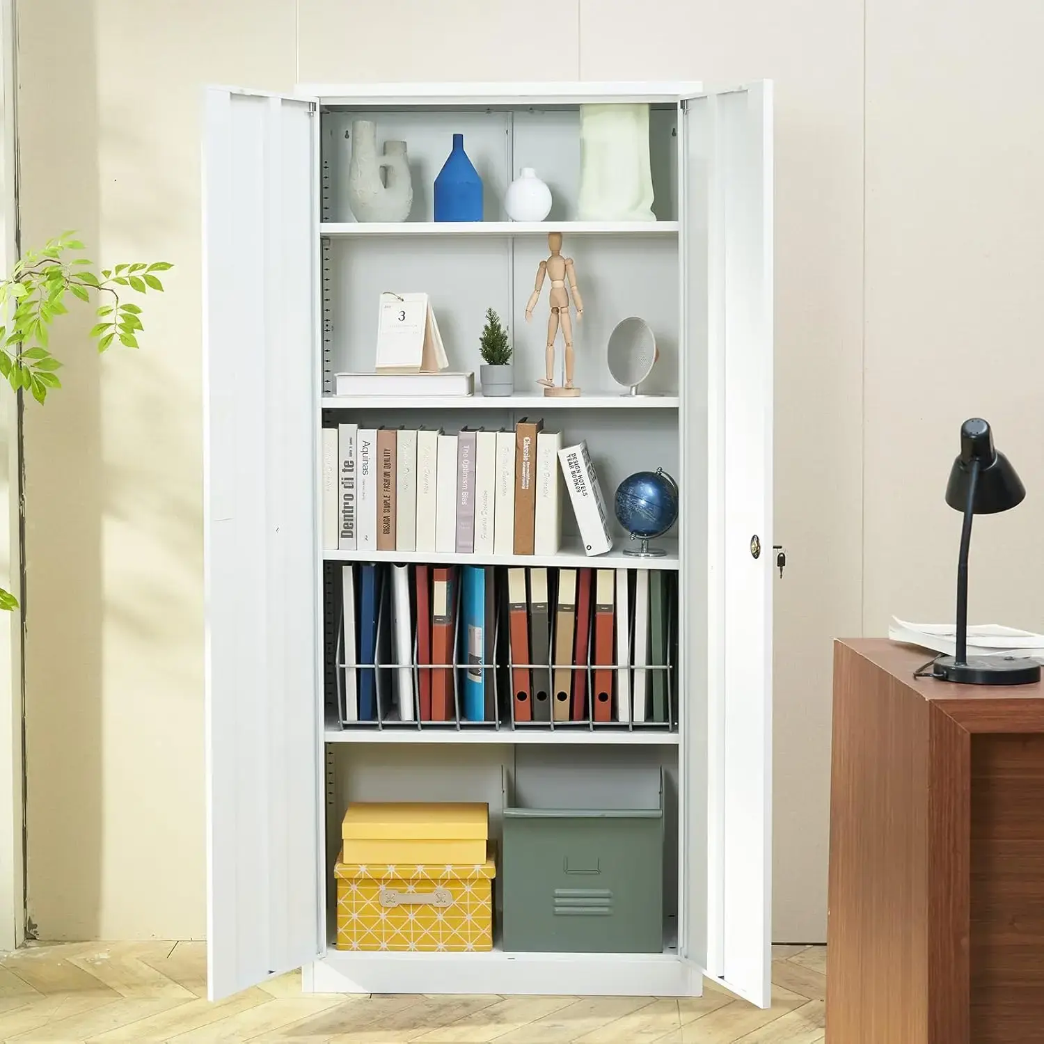 Metal Storage Cabinet, Steel Locking Storage Cabinet with 2 Magnetic Doors and 4 Adjustable Shelves
