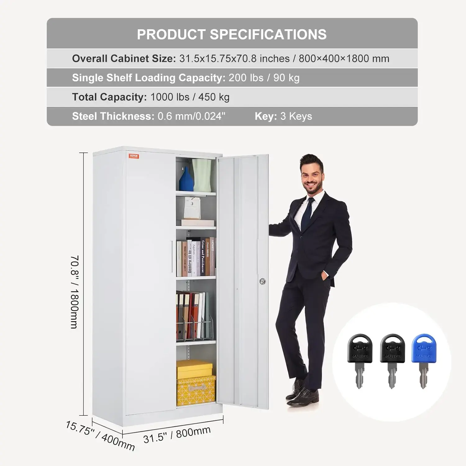 Metal Storage Cabinet, Steel Locking Storage Cabinet with 2 Magnetic Doors and 4 Adjustable Shelves