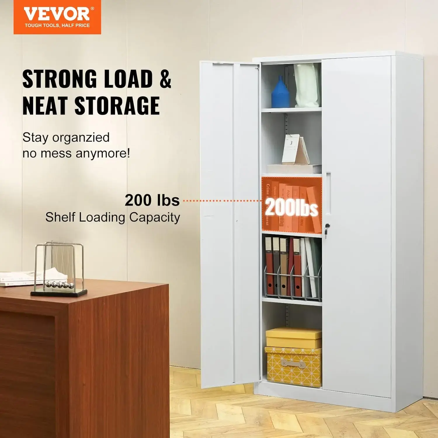 Metal Storage Cabinet, Steel Locking Storage Cabinet with 2 Magnetic Doors and 4 Adjustable Shelves