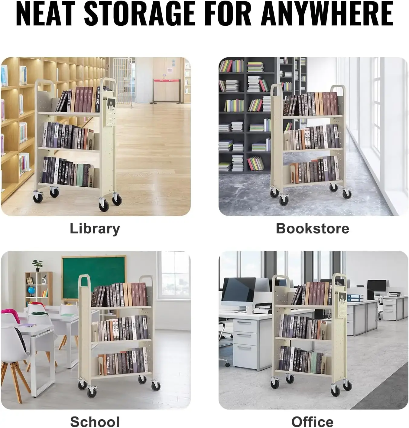 Book Cart, 330 lbs Library Cart, 31.1" x 15.2" x 49.2" Rolling Book Cart Single Sided V-Shaped Sloped Shelves