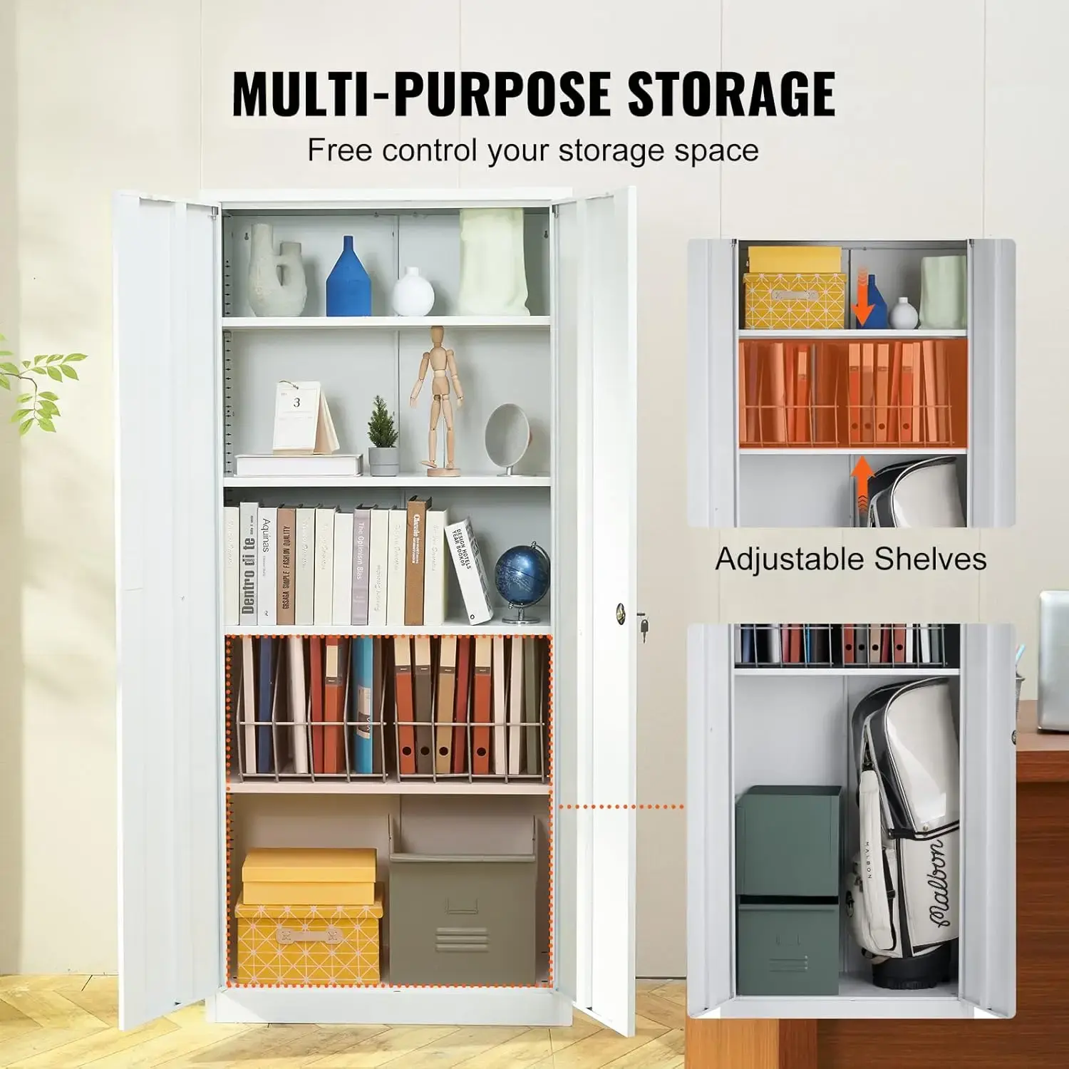 Metal Storage Cabinet, Steel Locking Storage Cabinet with 2 Magnetic Doors and 4 Adjustable Shelves