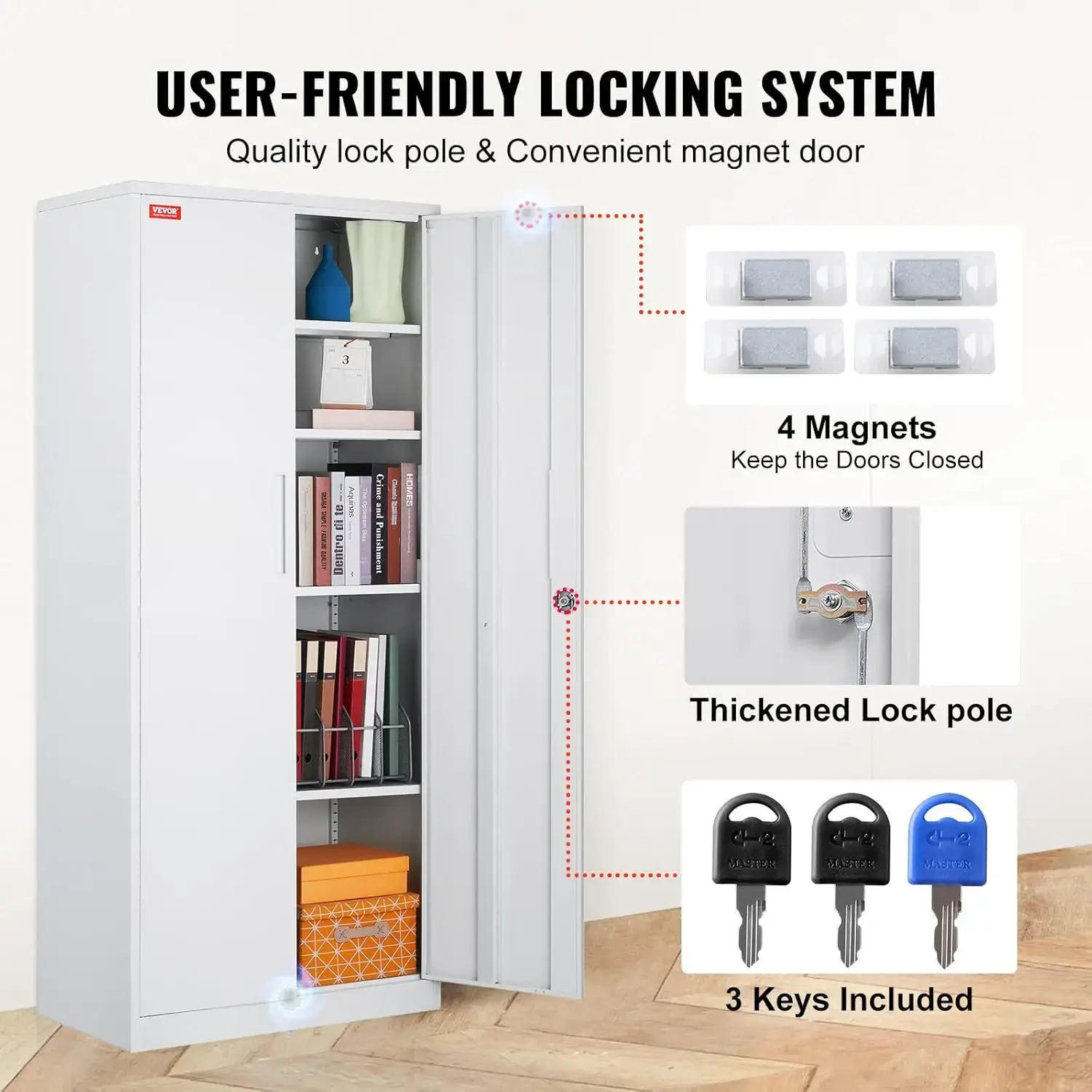 Metal Storage Cabinet, Steel Locking Storage Cabinet with 2 Magnetic Doors and 4 Adjustable Shelves