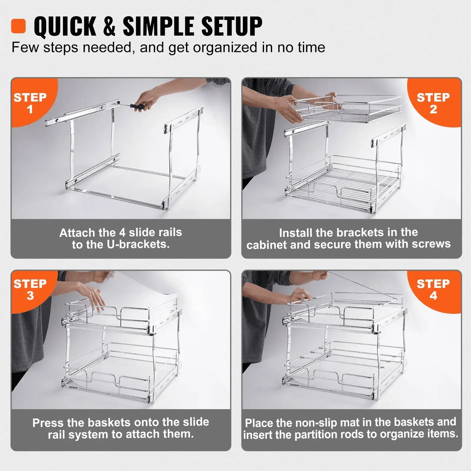 2 Tier 14"W x 21"D Pull Out Cabinet Organizer, Heavy Duty Slide Out Pantry Shelves, Chrome-Plated Steel Roll Out Drawers