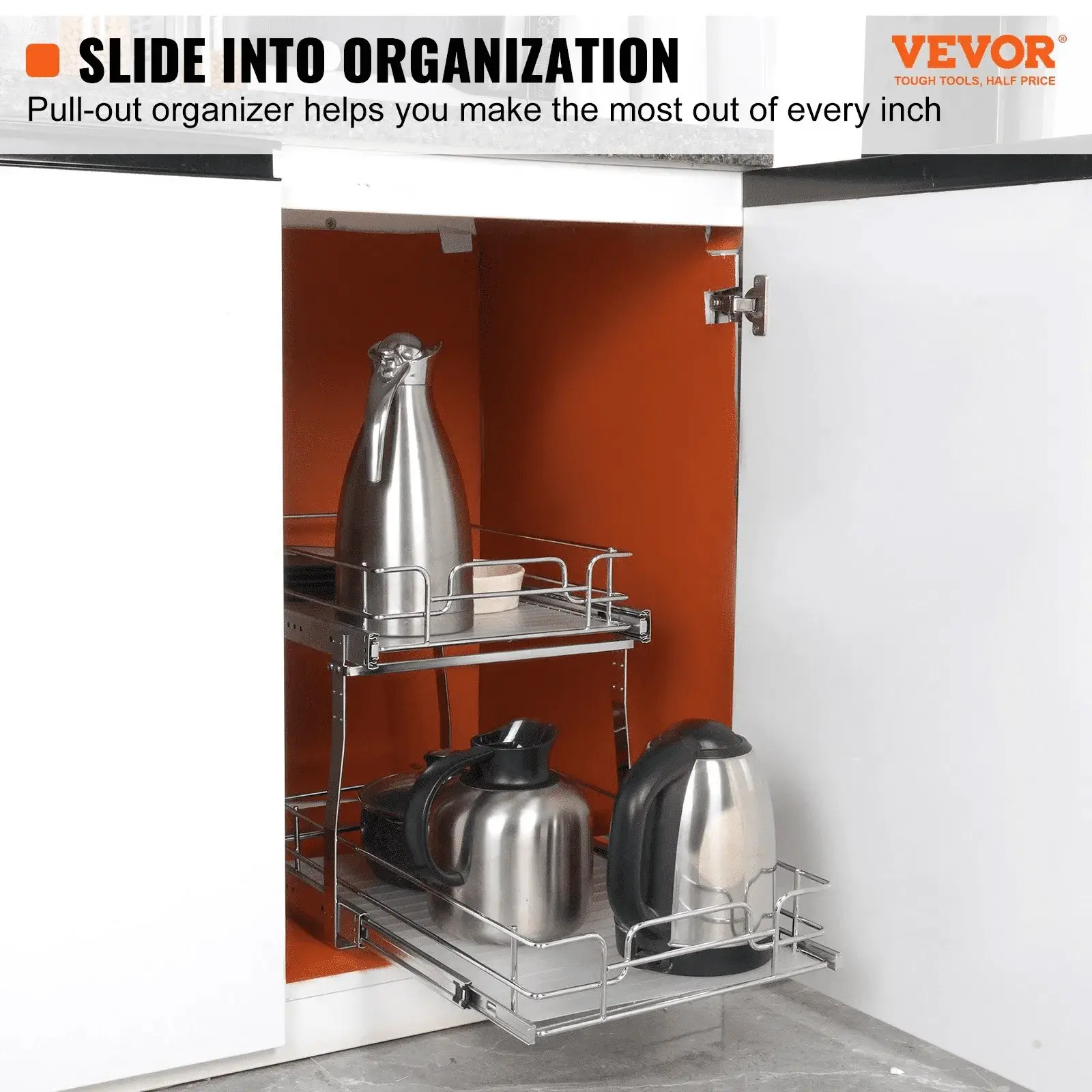 2 Tier 14"W x 21"D Pull Out Cabinet Organizer, Heavy Duty Slide Out Pantry Shelves, Chrome-Plated Steel Roll Out Drawers