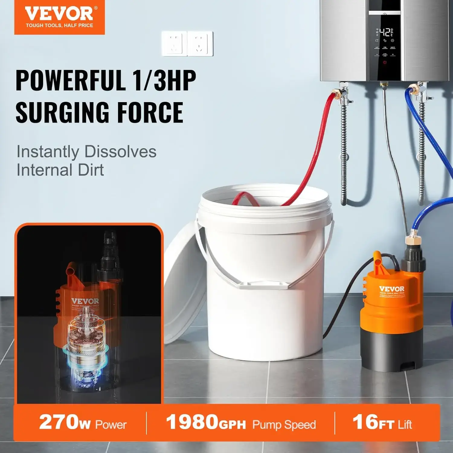 Tankless Water Heater Flushing Kit, Includes Efficient Pump & 5 Gallon Pail & 2 Hoses & Descaling Powder