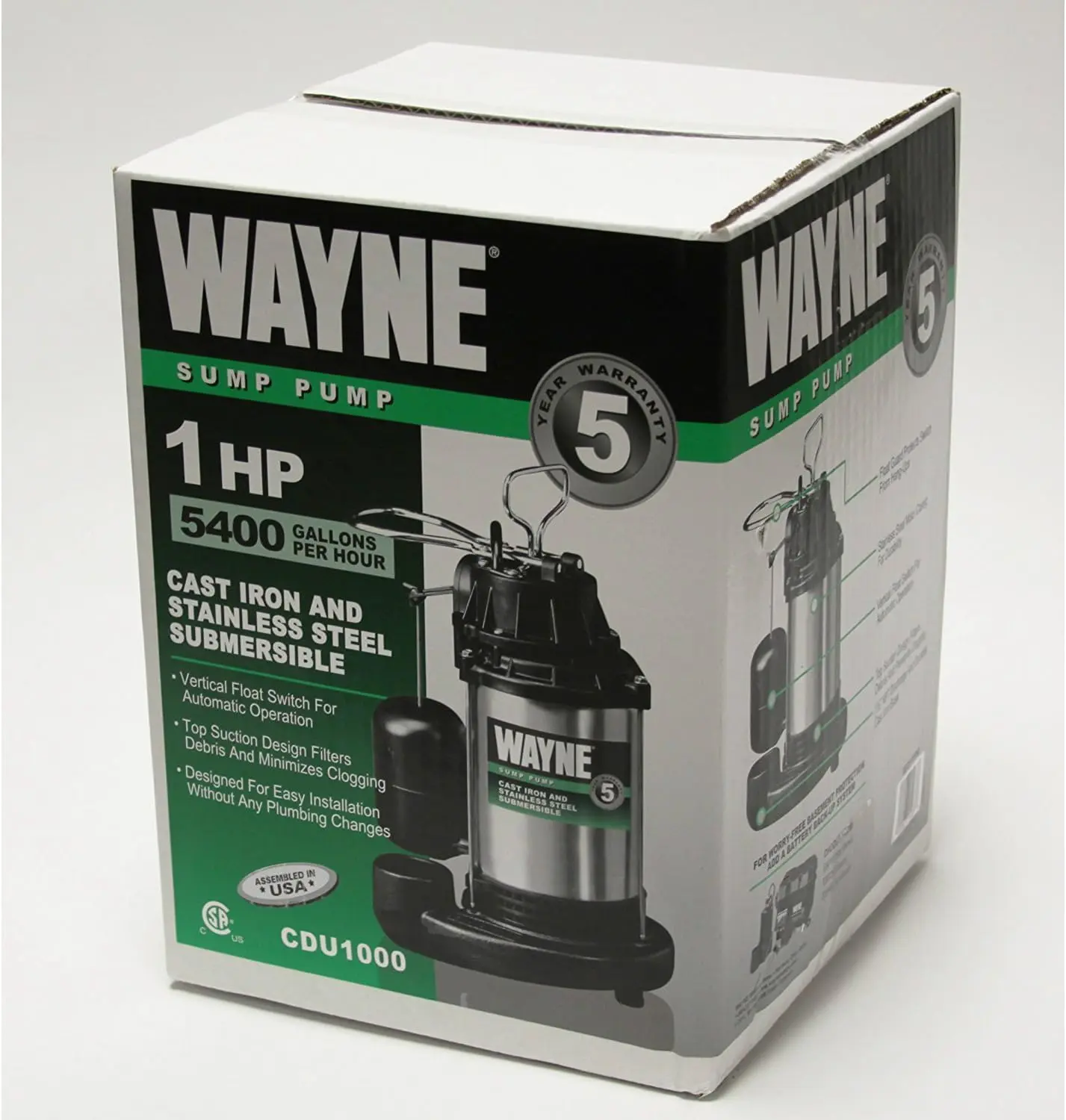1 HP Submersible Cast Iron and Stainless Steel Sump Pump with Integrated Vertical Float Switch - 6
