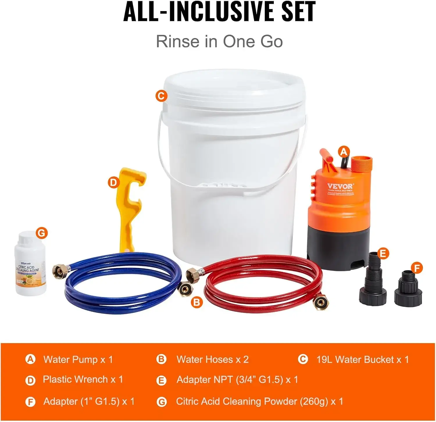 Tankless Water Heater Flushing Kit, Includes Efficient Pump & 5 Gallon Pail & 2 Hoses & Descaling Powder