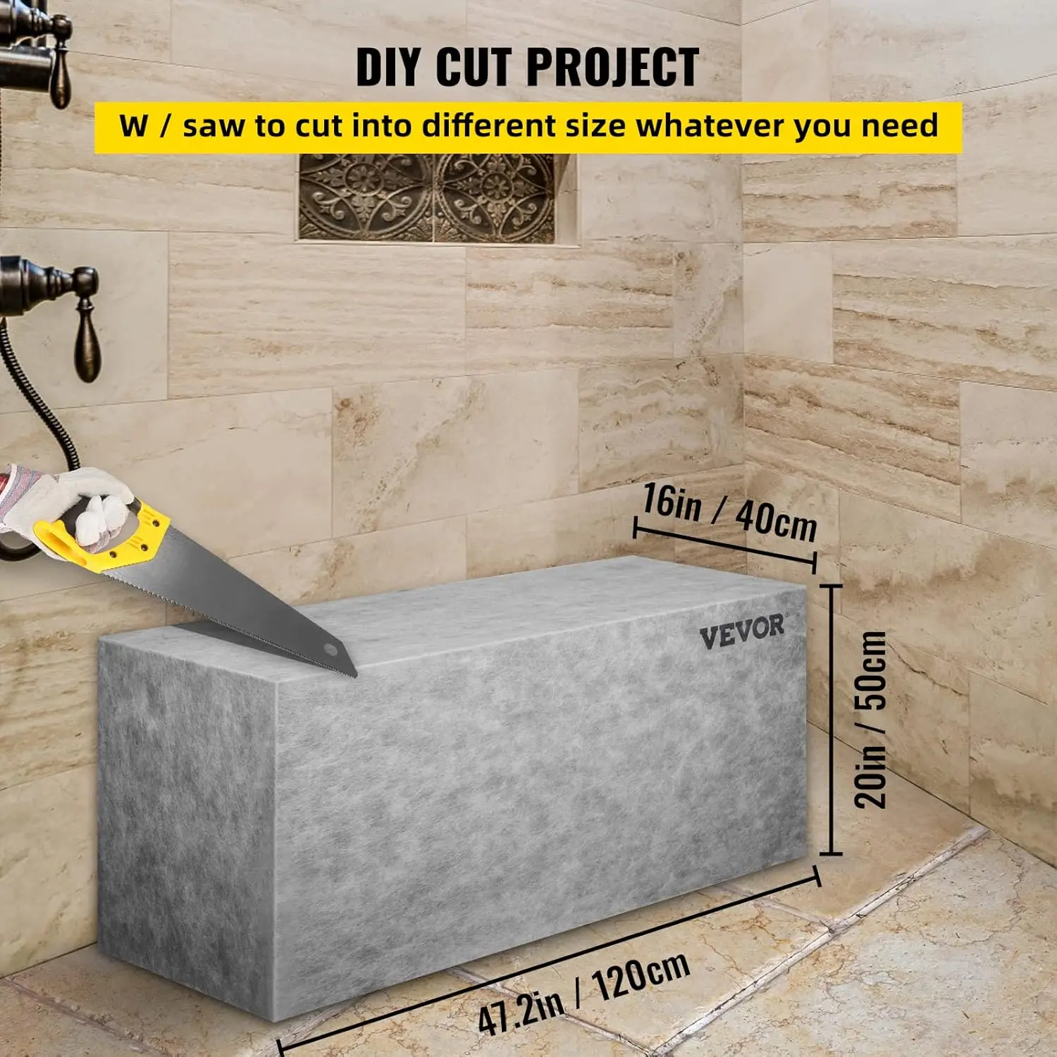 Tile Shower Seat, 47.2" x 16" x 20" Ready to Tile Shower Seat, Factory Waterproof & 100% Leak Proof Tileable Shower Corner Sea