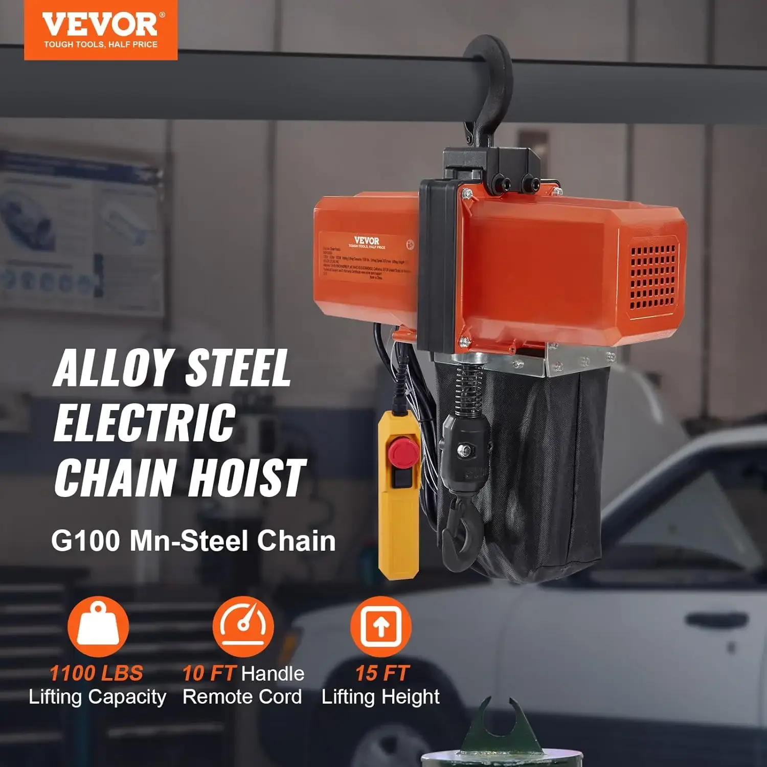 1100 lbs Electric Chain Hoist 15 FT Lifting Height, 120V Electric Hoist, Single Phase Overhead Crane with G100 Chain
