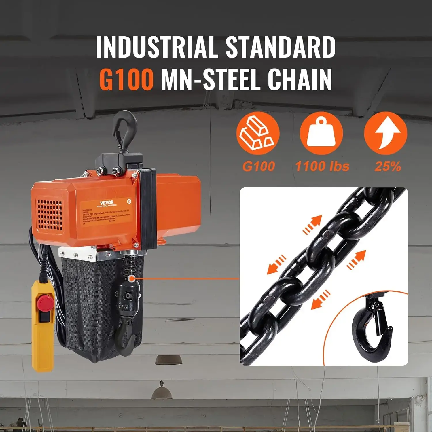 1100 lbs Electric Chain Hoist 15 FT Lifting Height, 120V Electric Hoist, Single Phase Overhead Crane with G100 Chain