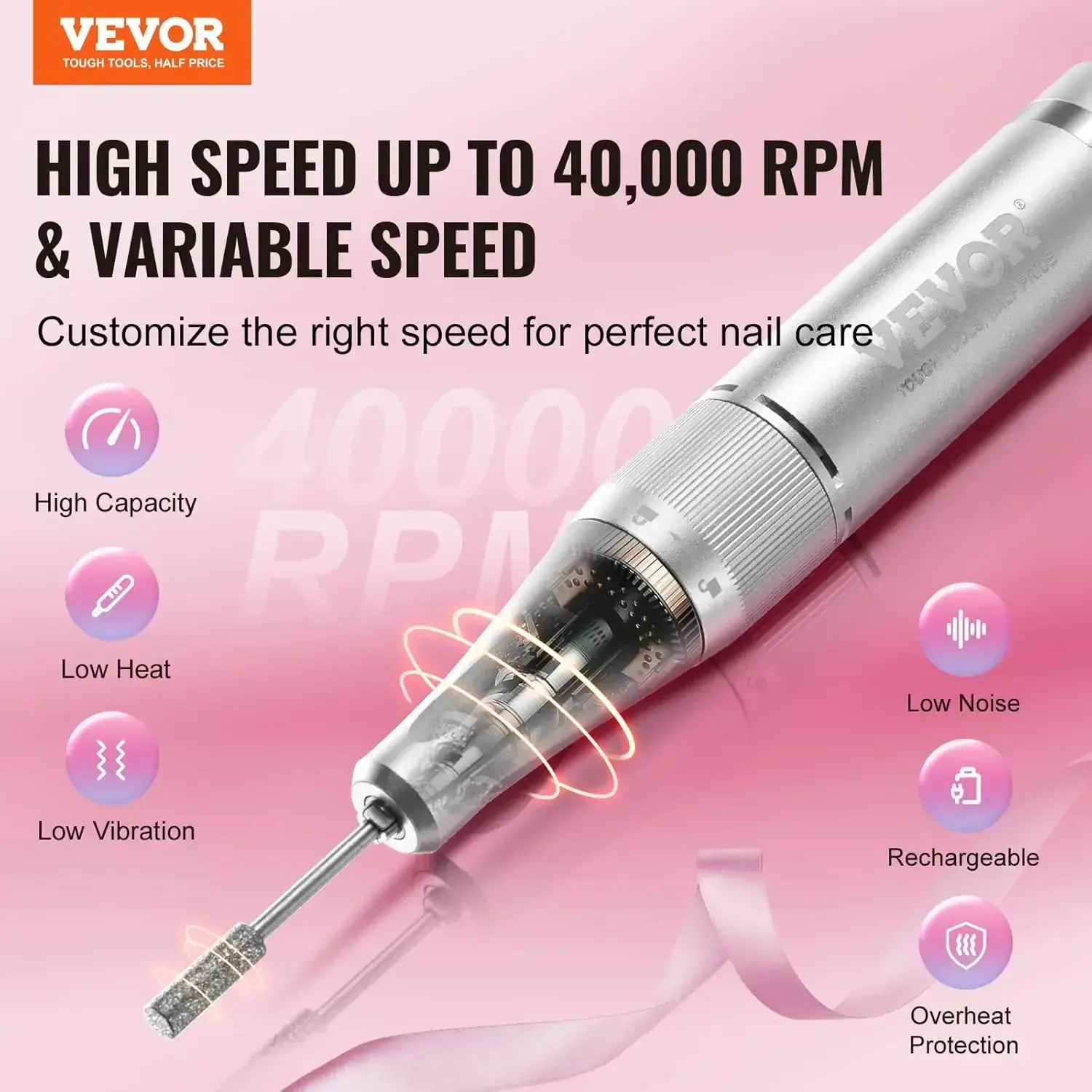 Electric Rechargeable Nail Drill, 40,000RPM Portable Cordless Nail E File Machine, LCD-Display Acrylic Gel Grinder Tool