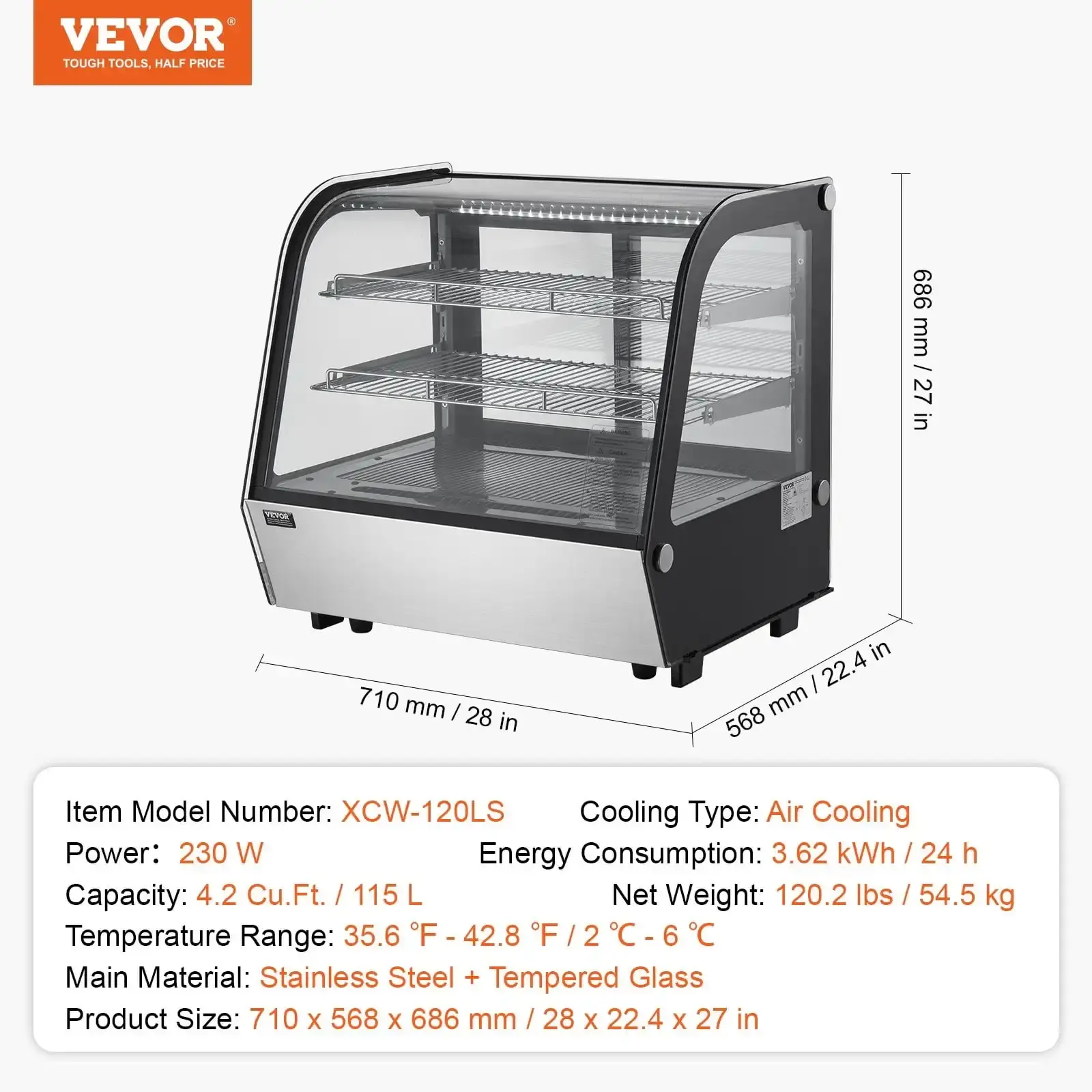 Refrigerated Display Case Bakery Display Fridge Case 4.2 cu ft/115L 2-Tier