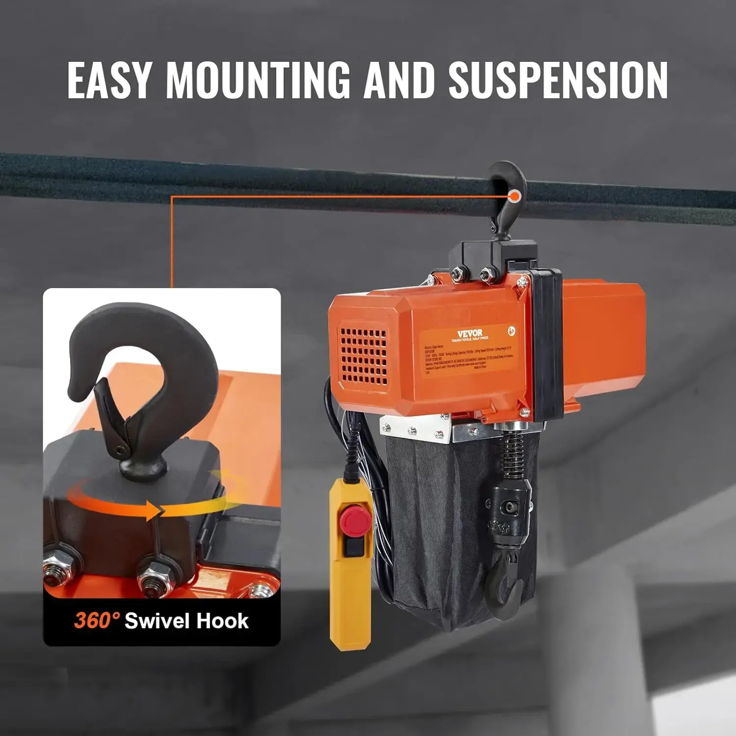 1100 lbs Electric Chain Hoist 15 FT Lifting Height, 120V Electric Hoist, Single Phase Overhead Crane with G100 Chain