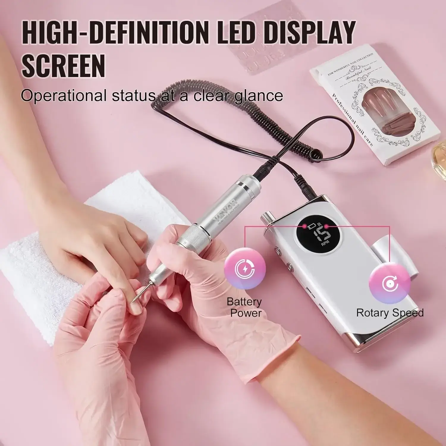 Electric Rechargeable Nail Drill, 40,000RPM Portable Cordless Nail E File Machine, LCD-Display Acrylic Gel Grinder Tool