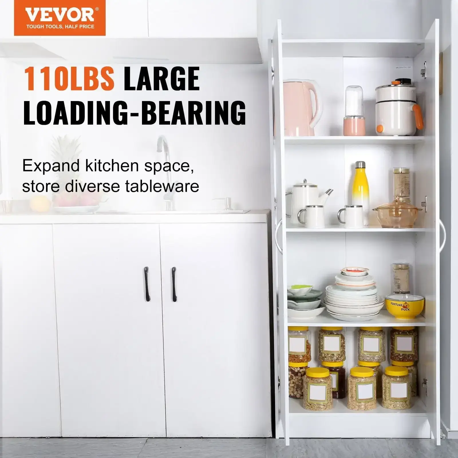 Kitchen Pantry Cabinet 60" Tall Food Pantry Storage Cabinet 110LB Loading
