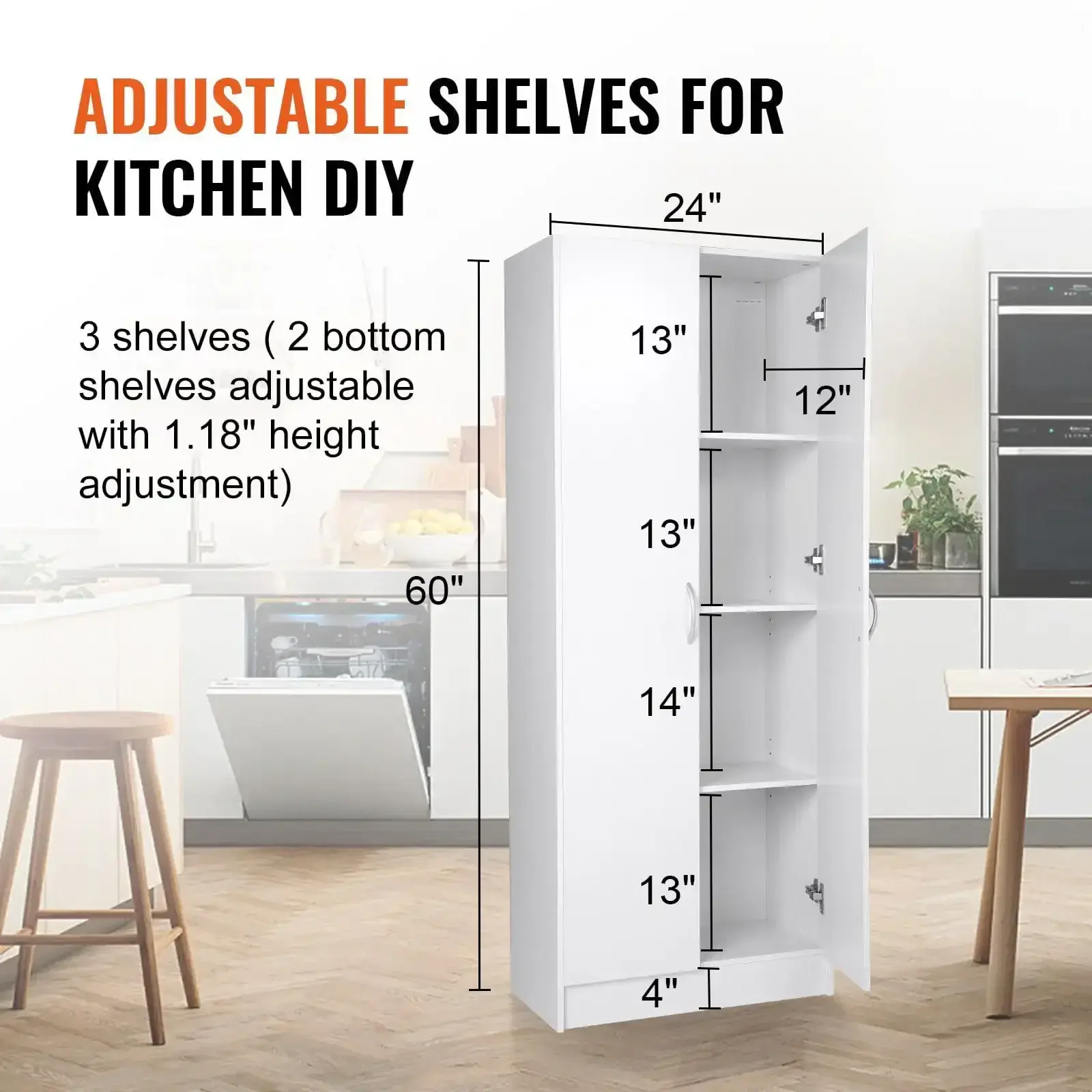 Kitchen Pantry Cabinet 60" Tall Food Pantry Storage Cabinet 110LB Loading