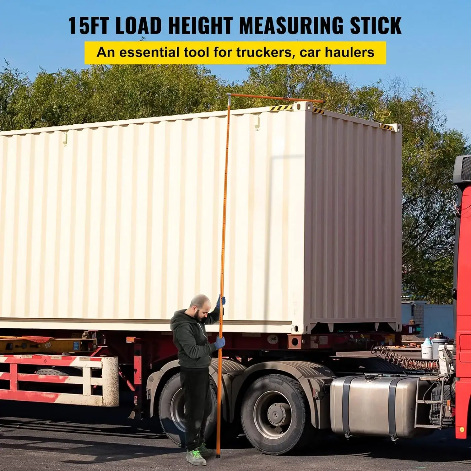 Load Height Measuring Stick, 15' Sturdy Fiberglass Truck Height Stick with Adjustable Pole