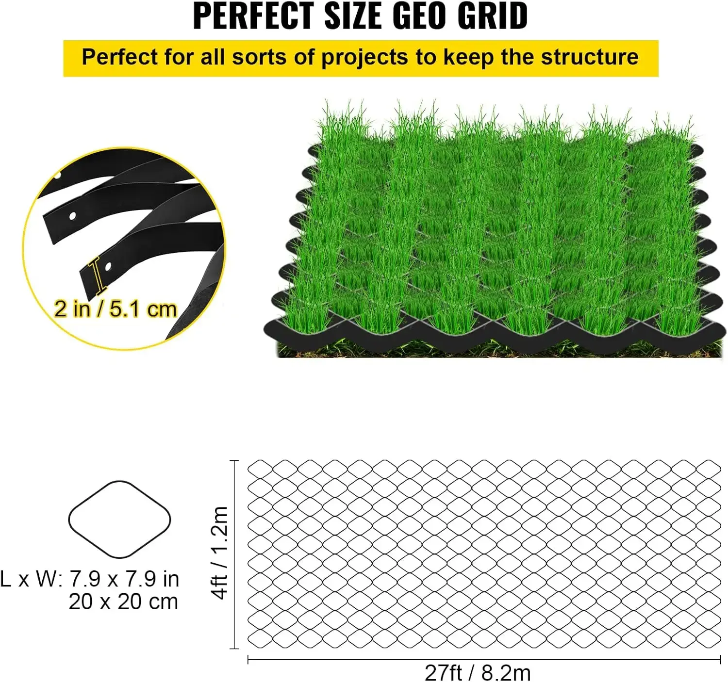 Ground Grid 27 ftx4 ft, 1885 lbs per Sq Ft Load Geo Grid, 2" Depth Permeable Stabilization System, Black