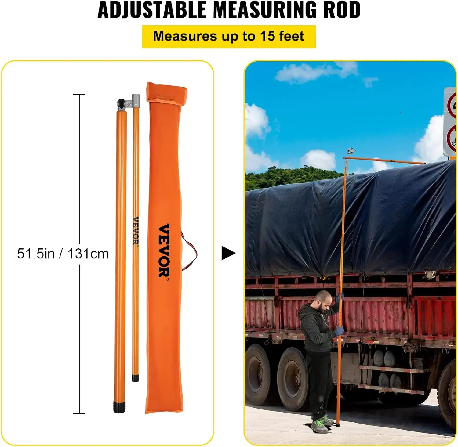 Load Height Measuring Stick, 15' Sturdy Fiberglass Truck Height Stick with Adjustable Pole