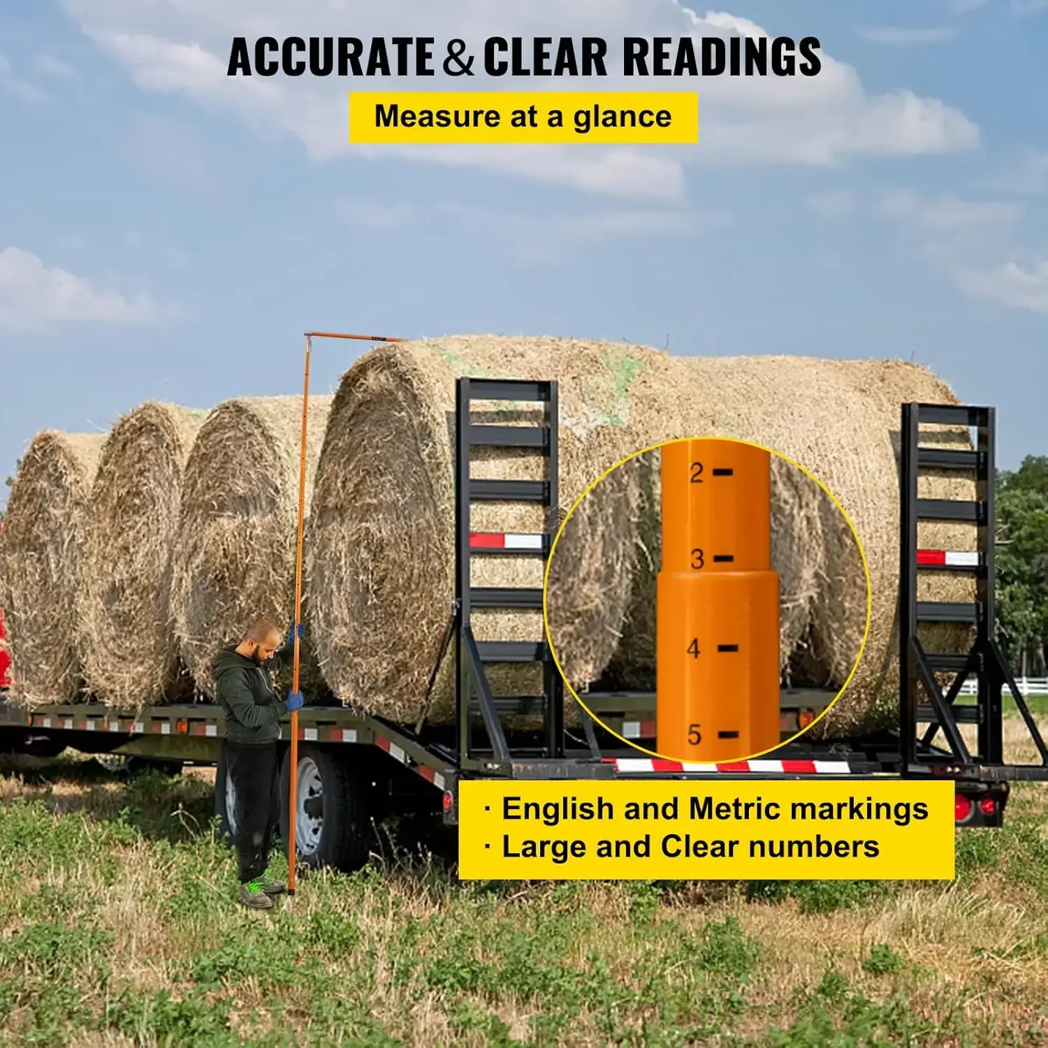 Load Height Measuring Stick, 15' Sturdy Fiberglass Truck Height Stick with Adjustable Pole