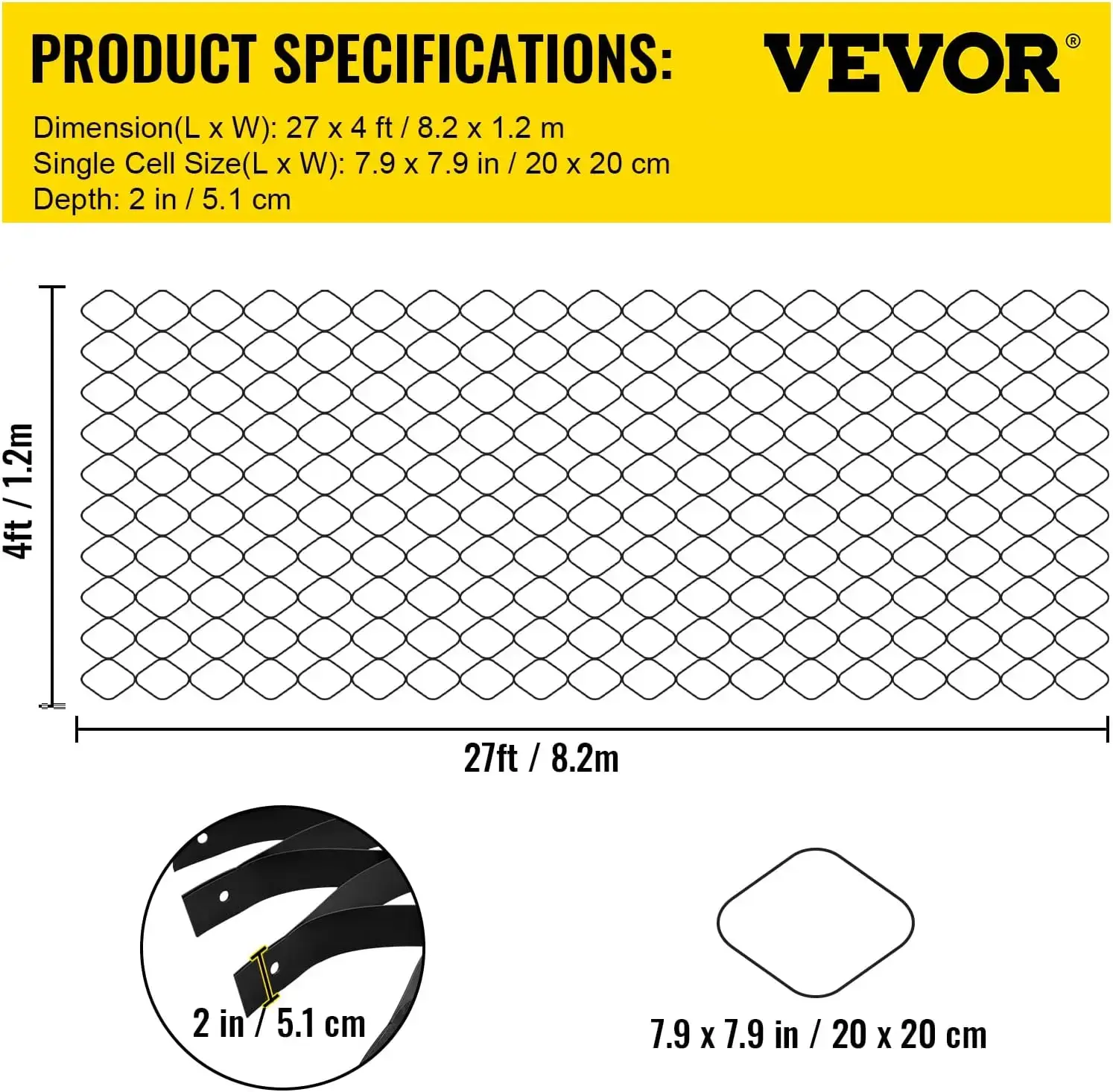 Ground Grid 27 ftx4 ft, 1885 lbs per Sq Ft Load Geo Grid, 2" Depth Permeable Stabilization System, Black