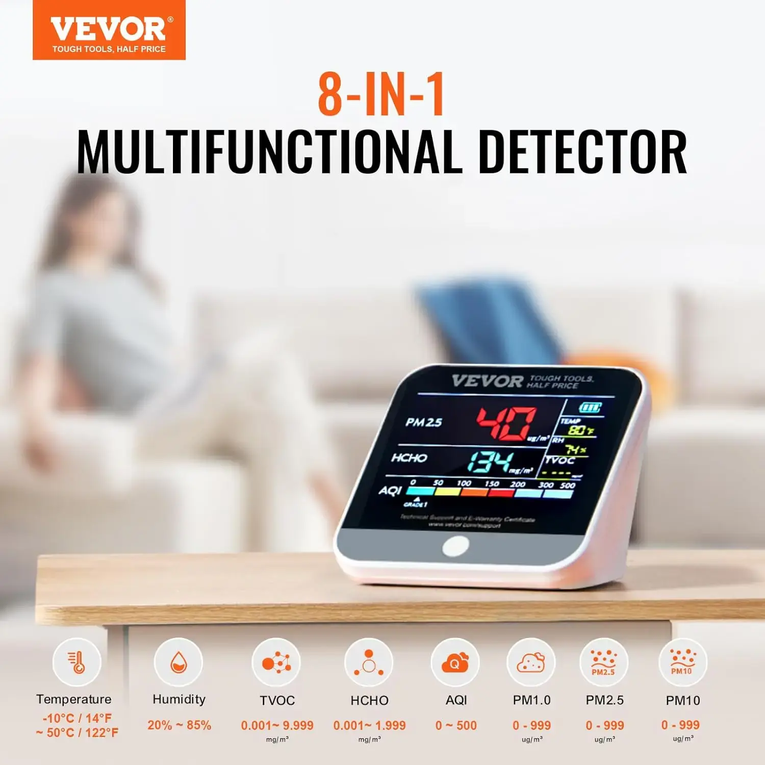 Mini Air Quality Monitor 8-in-1, Professional PM2.5 PM10 PM1.0 Particle Counter, Formaldehyde, Temperature, Humidity