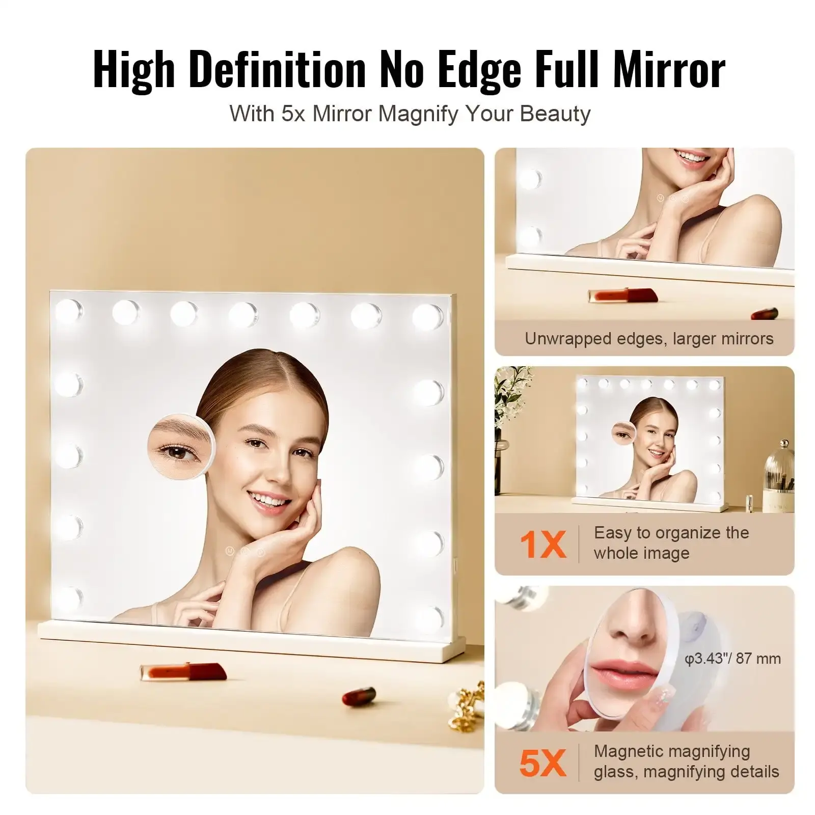 Hollywood Vanity Mirror With Lights w/ USB Desktop Wall-mount 22.8x18.1 in