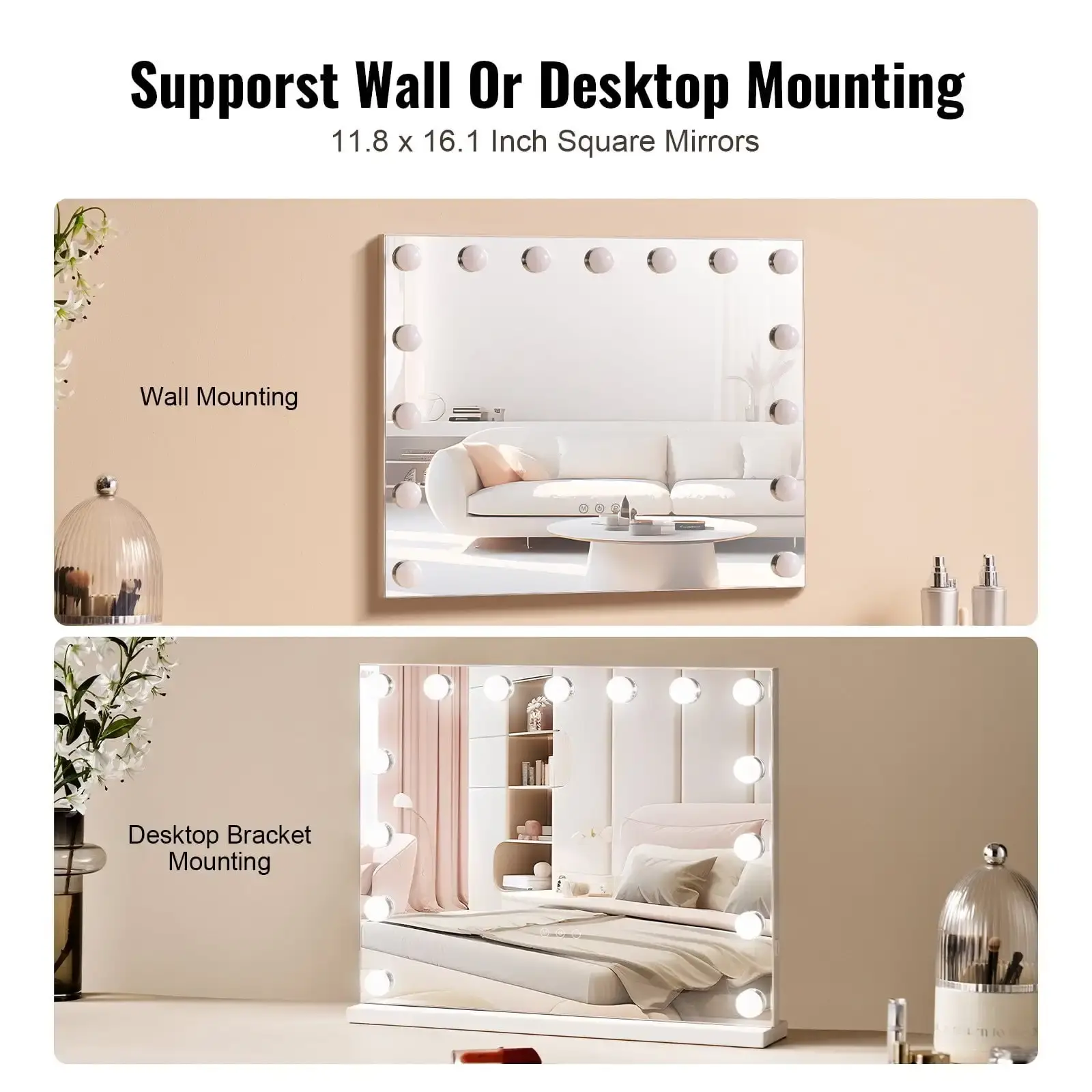 Hollywood Vanity Mirror With Lights w/ USB Desktop Wall-mount 22.8x18.1 in
