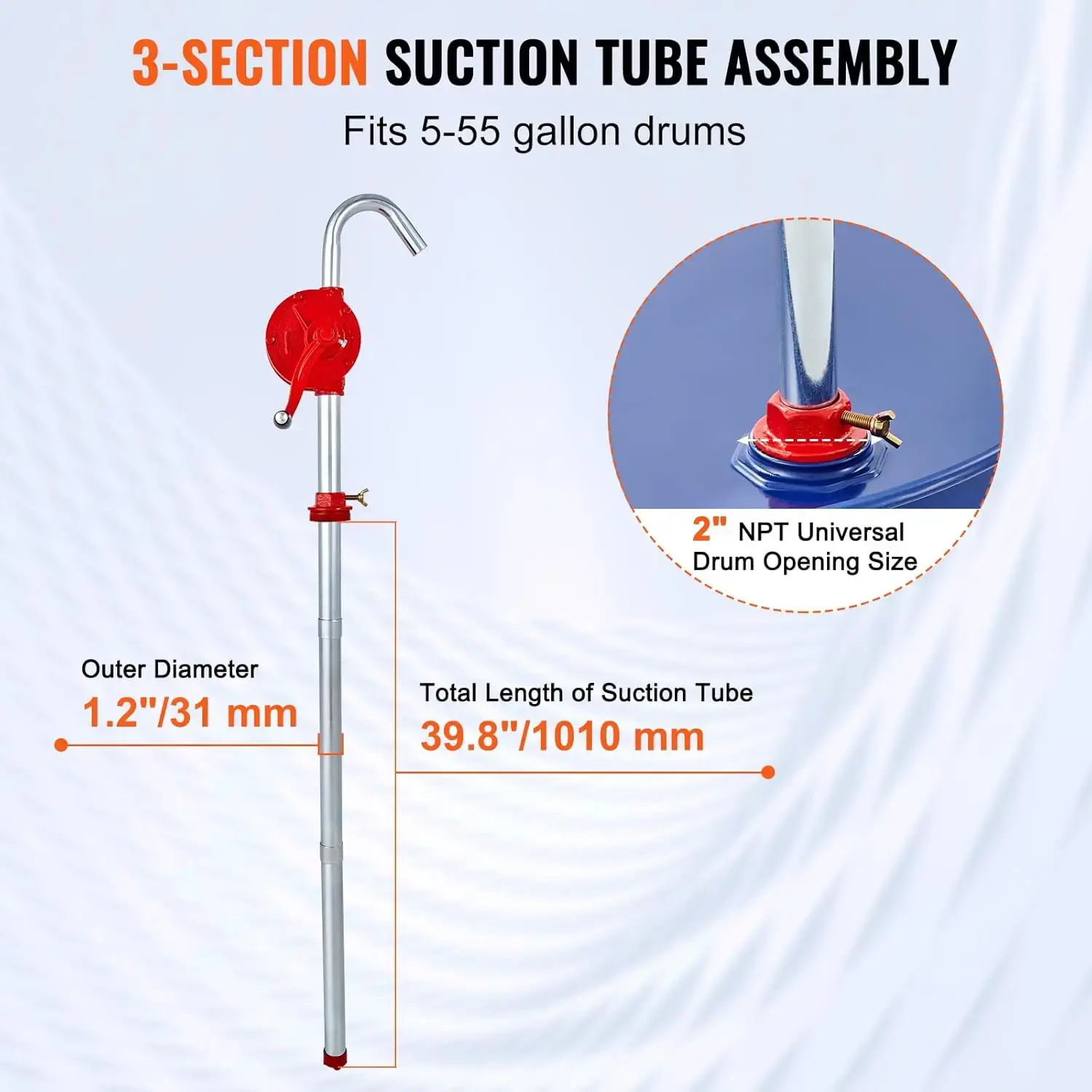 Drum Pump, 5 GPM Flow, Rotary Barrel Pump Hand Crank, Fits 5 to 55 Gallon Drums with 3-Section Suction Tube Assembly and Hose