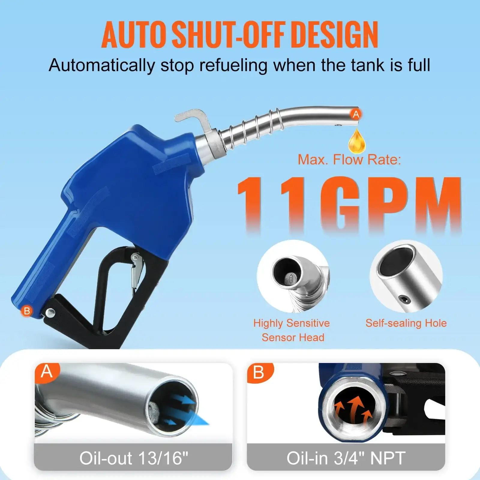 Automatic Fuel Nozzle Shut Off Fuel Refilling 3/4" NPT 13/16" Spout Diesel