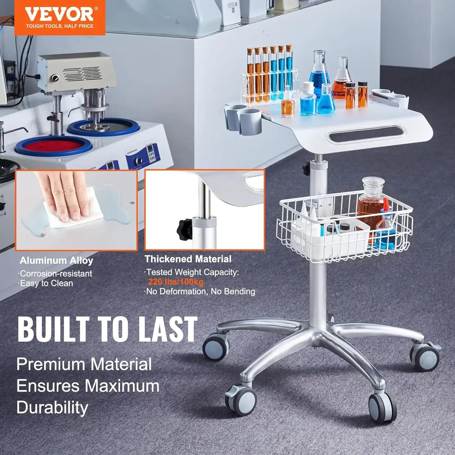 Medical Cart, Salon Cart with Wheels, Mobile Trolley Cart 26.77"-42.91" Height Adjustable, Metal Salon Stations for Hair Stylist