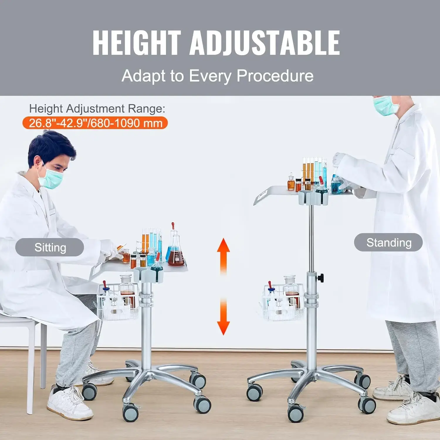Medical Cart, Salon Cart with Wheels, Mobile Trolley Cart 26.77"-42.91" Height Adjustable, Metal Salon Stations for Hair Stylist