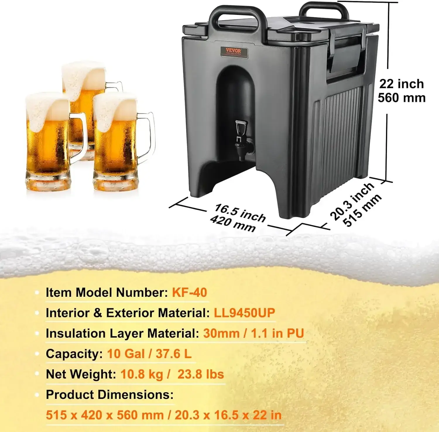 Insulated Beverage Dispenser, 10 Gallon, Food-grade LL9450UP Hot and Cold Beverage Server, Thermal Drink Dispenser Cooler