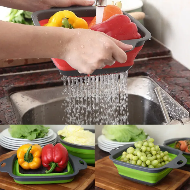 Silicone Folding Drain Basket Fruit Vegetable Washing Basket Foldable Strainer Collapsible Drainer Kitchen Storage Tool