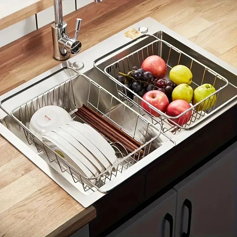 1pc Retractable Sink Drain Rack Sink Dish Drain Rack Expandable  Adjustable Vegetable Fruit Washing Basket Kitchen Accessories