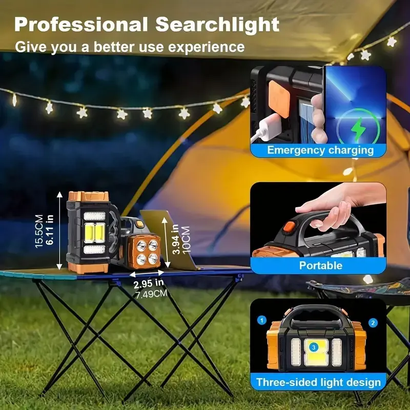 Portable Powerful Solar LED Flashlight With COB Work Lights USB Rechargeable Handheld 4-Modes Lighting Outdoor Solar Torch Light