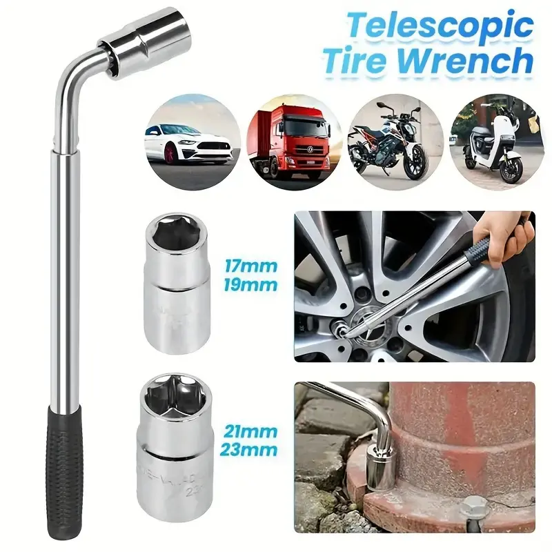 Extendable Lug Nut Wrench With Chrome Vanadium 17/19/21/23mm Socket For Easy Tire Repair L-Type Sockets Nut Kit Emergency Tools
