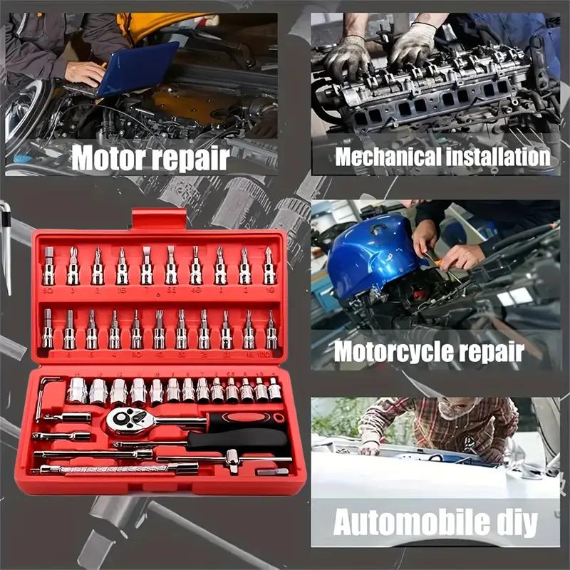 46pcs/Set Car Repair Tool Ratchet Wrench Chromium Vanadium Steel Auto Parts Toolbox Kit 1/4 Inch Drive Socket Car Emergency Tool