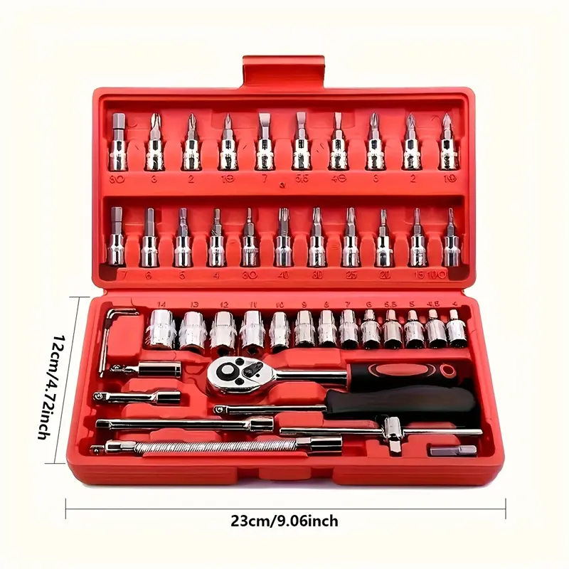 46pcs/Set Car Repair Tool Ratchet Wrench Chromium Vanadium Steel Auto Parts Toolbox Kit 1/4 Inch Drive Socket Car Emergency Tool