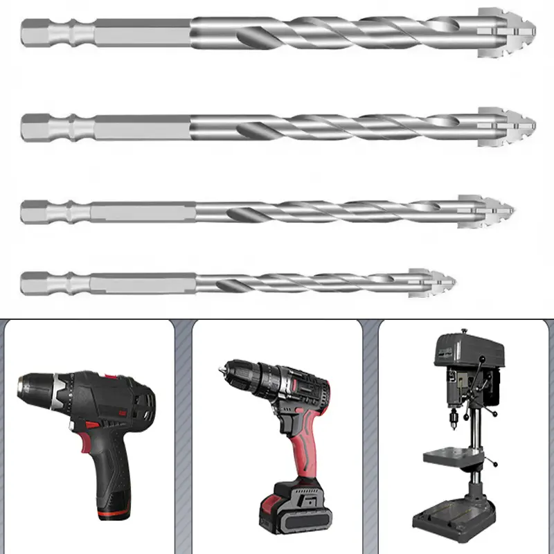 4pcs 6/8/10/12mm Four-Flute Sawtooth Eccentric Drill Bit 1/4 Hex Shank Carbide Twist Drill Bit Set For Glass Tile Concrete Metal