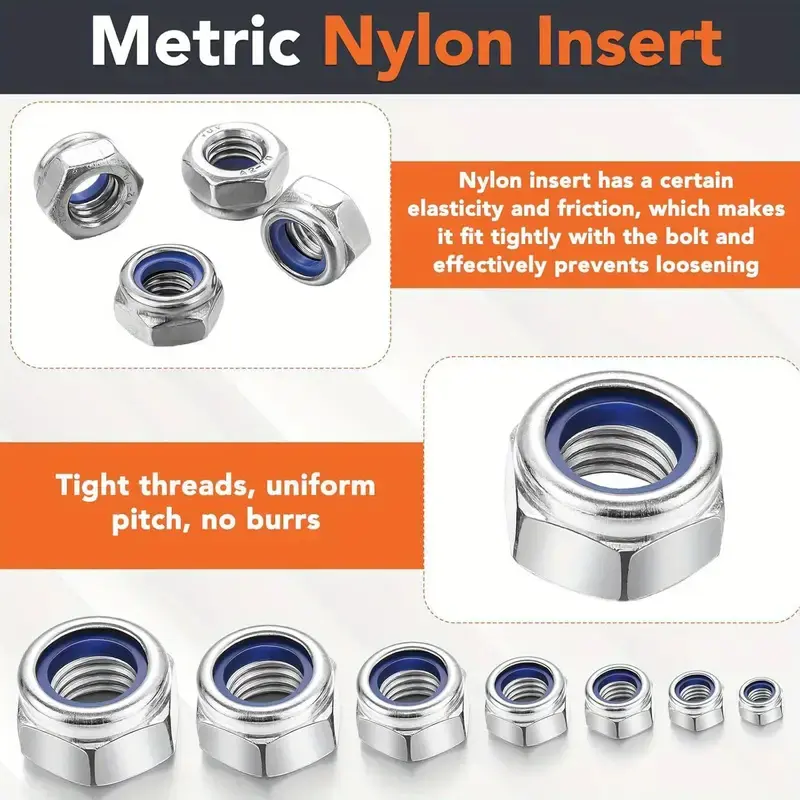 188pcs/Set Hexagon Lock Nut M3 M4 M5 M6 M8 M10 M12 Metric Nylon Insert Lock Nuts For Automotive Mechanical & Construction