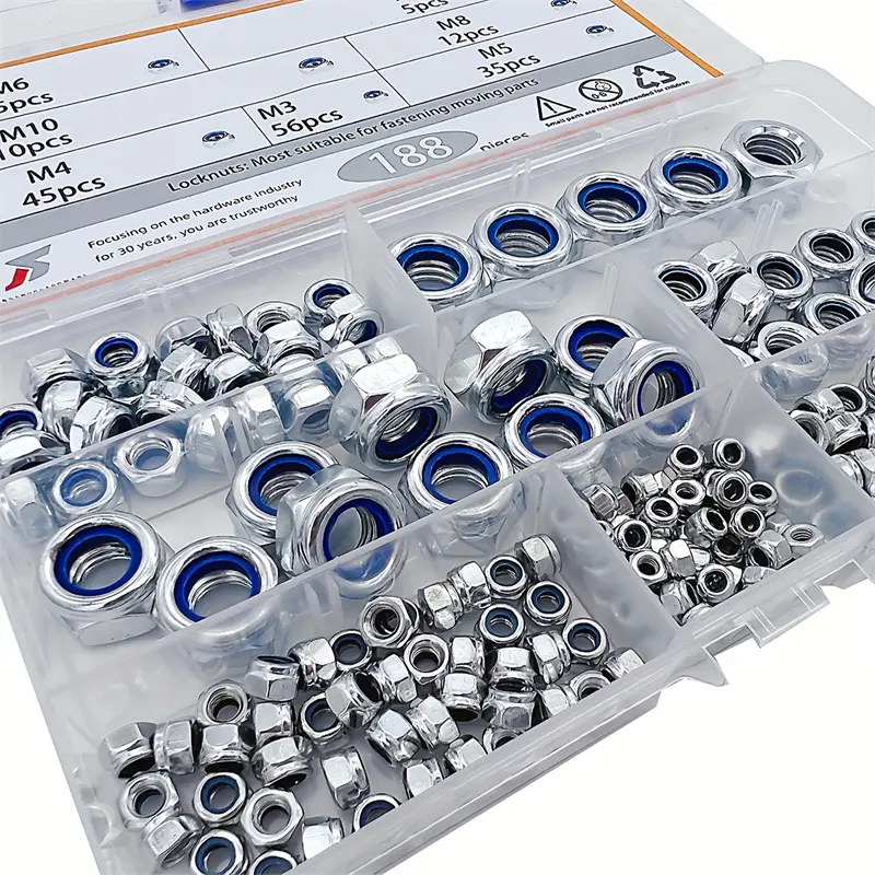 188pcs/Set Hexagon Lock Nut M3 M4 M5 M6 M8 M10 M12 Metric Nylon Insert Lock Nuts For Automotive Mechanical & Construction