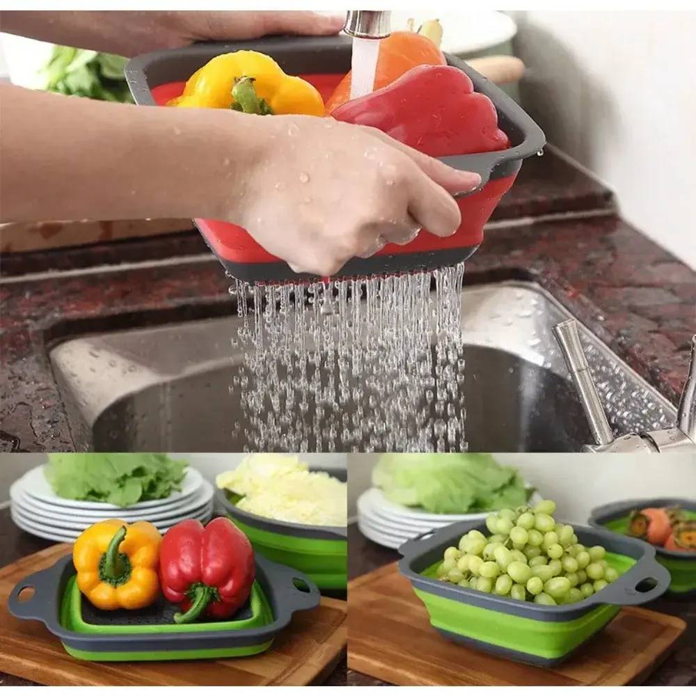 Silicone Food Drain Basket Round Folding Vegetable Fruit Washing Drain Basket Colander Strainer Collapsible Drainer Kitchen Tool