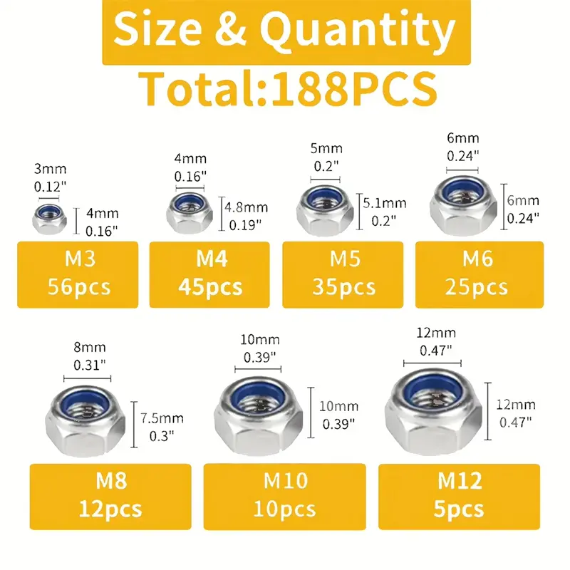 188pcs/Set Hexagon Lock Nut M3 M4 M5 M6 M8 M10 M12 Metric Nylon Insert Lock Nuts For Automotive Mechanical & Construction